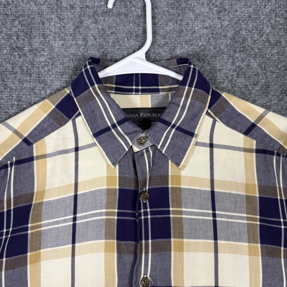 Vintage Banana Republic Plaid Flannel Shirt Men's Medium Blue Tan Long Sleeve